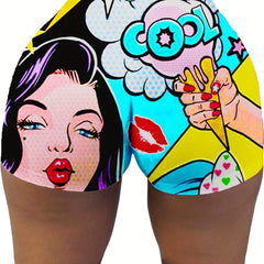 Cartoon Print Skinny Shorts Yoga Casual Summer Shorts Women's Clothing