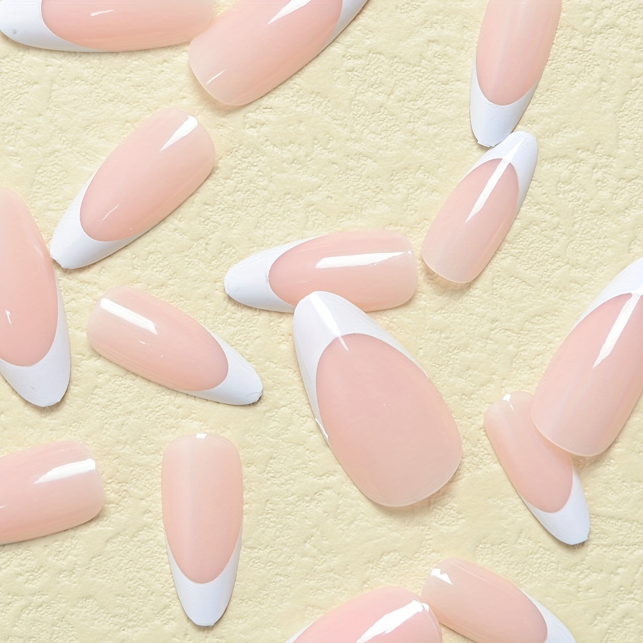 24pcs Glossy Pink French Tip Press On Nails Short Full Cover Almond False Nails