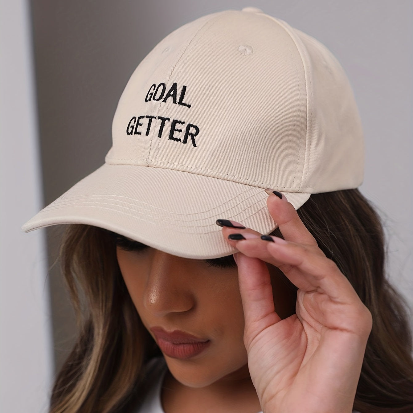 Goal Getter Embroidery Baseball Cap Beige Unisex Sun Hats Lightweight