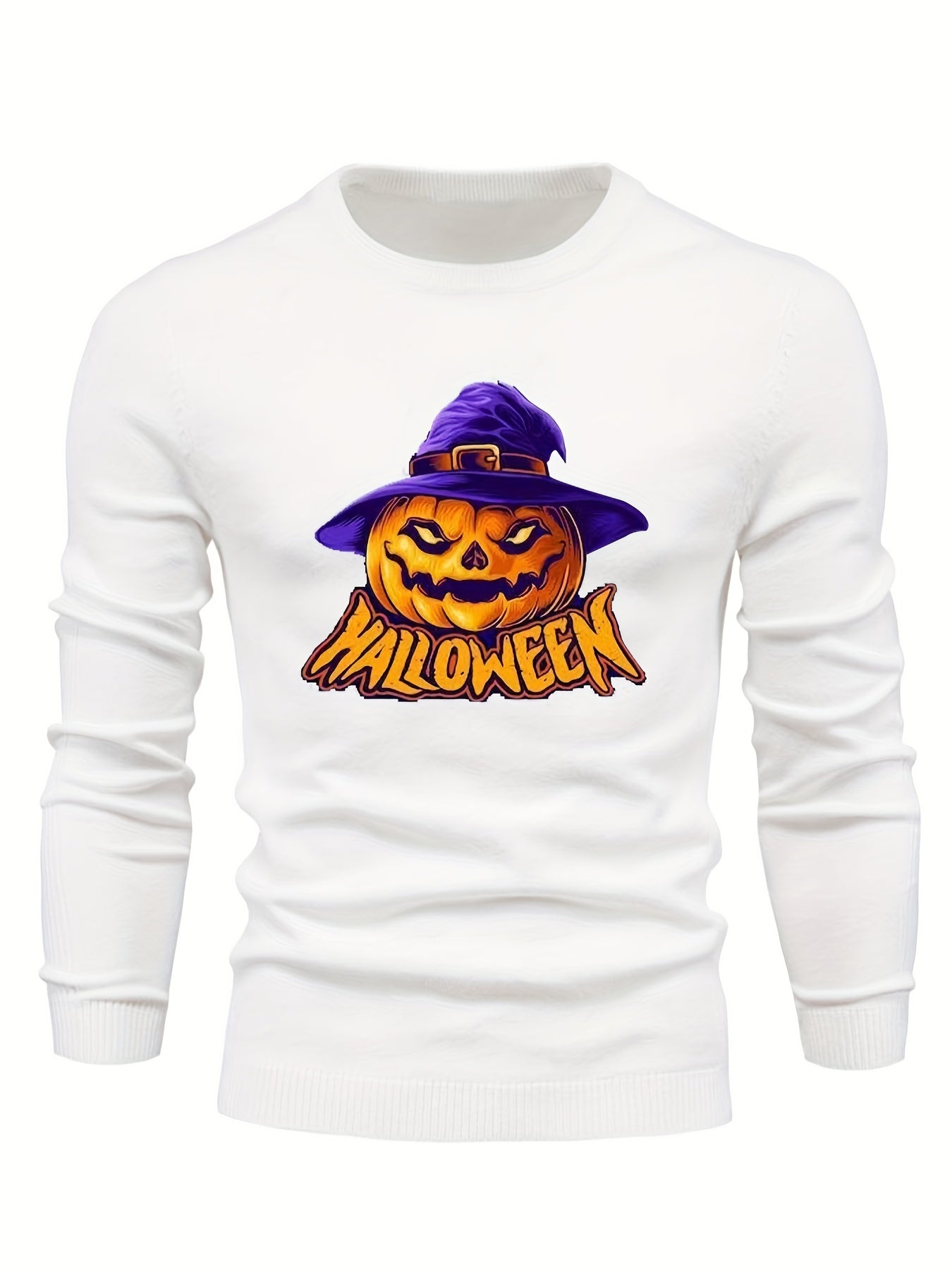 Cartoon Pumpkin Jack O Lantern With Wizard Hat Slim Fit Sweater