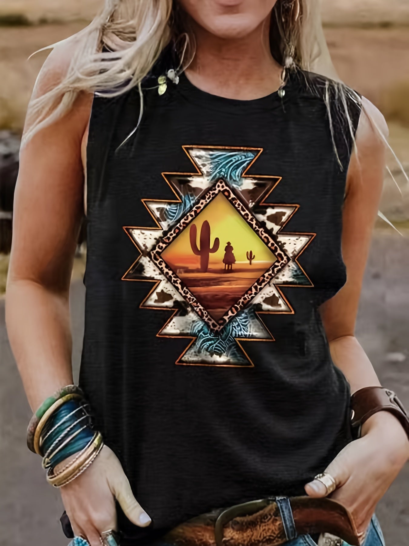 Cactus Print Tank Top Crew Neck Knitted All Season Women's Clothing