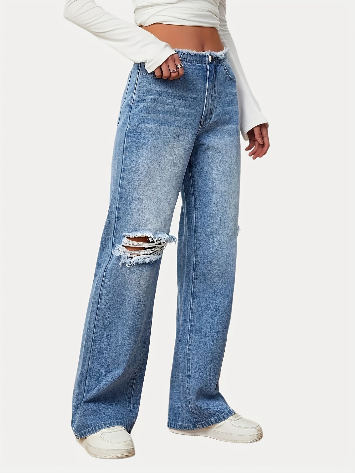 Raw Trim Distressed Denim Straight Leg Pants Women's Jeans