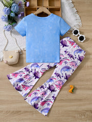 2pcs Toddler Girls Dinosaur T Shirt & Flare Leg Pants Set
