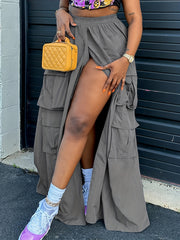 Sporty Cargo Skirt Elastic Waist A Line Split Activewear
