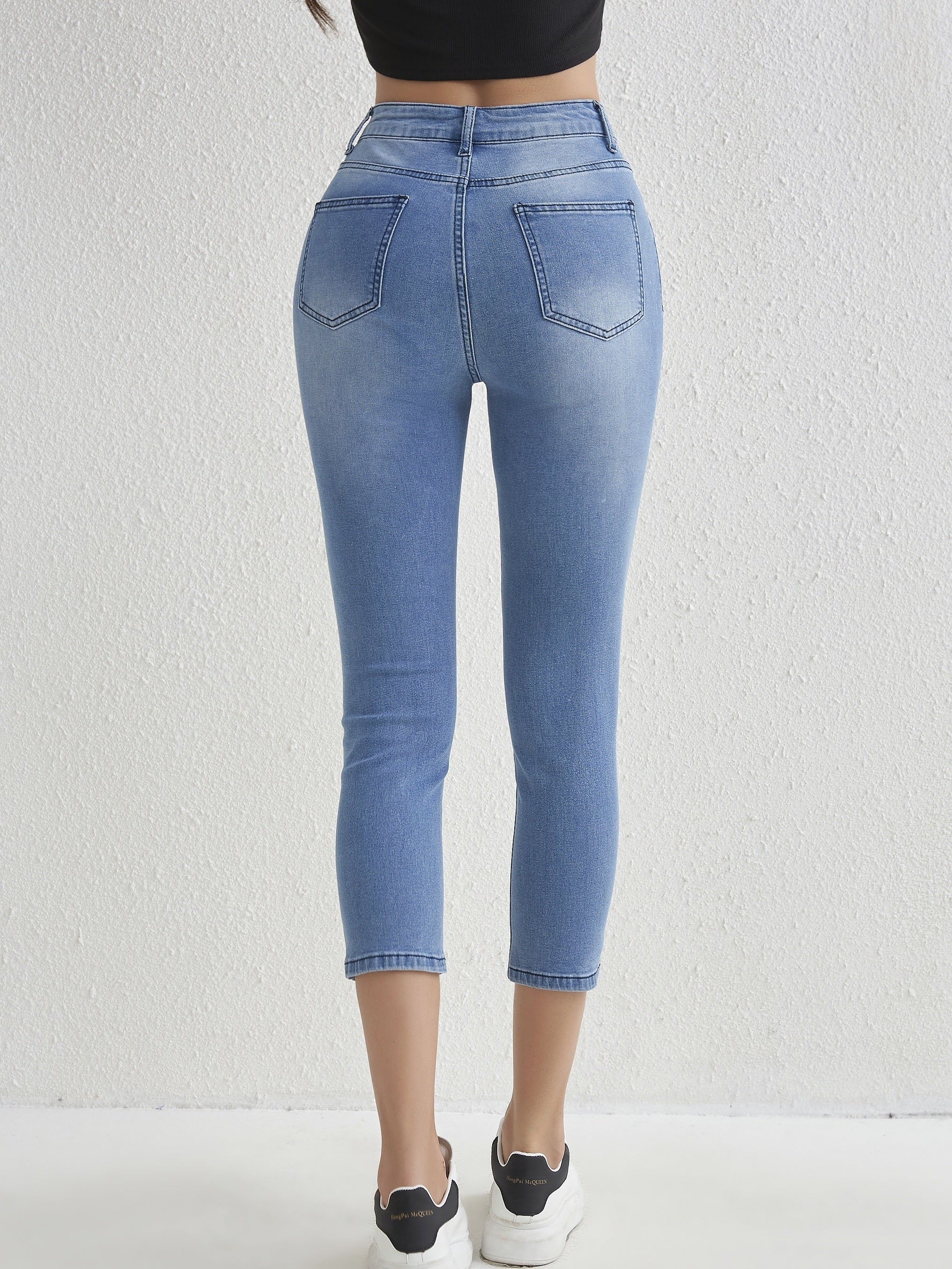 Ripped Holes Cropped Skinny Jeans Slim Fit Slash Pockets High Stretch Capris