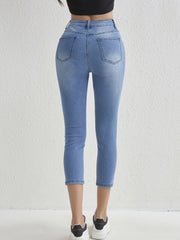 Ripped Holes Cropped Skinny Jeans Slim Fit Slash Pockets High Stretch Capris