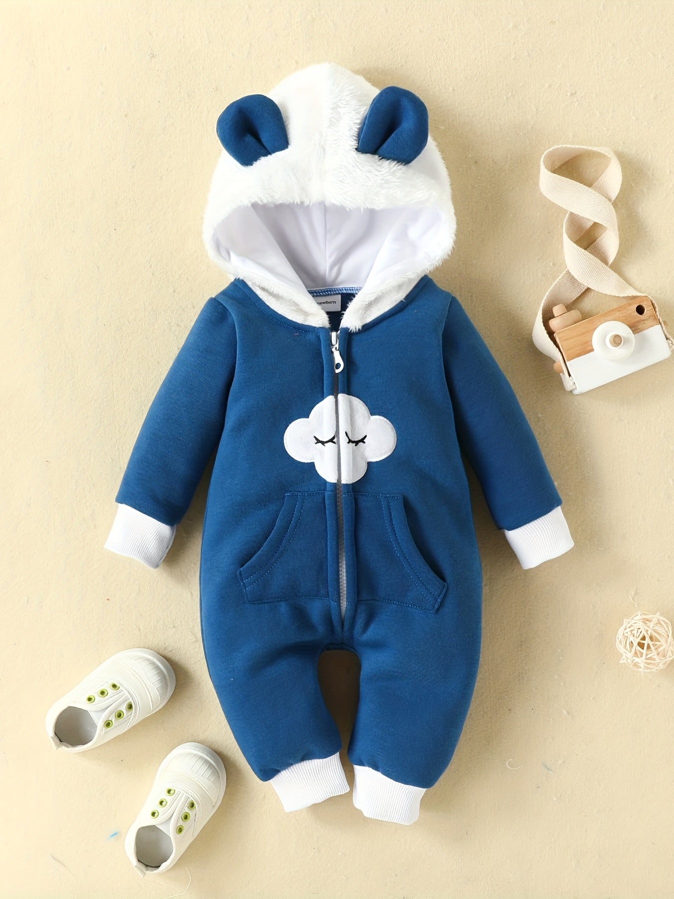 Baby Cloud Hooded Jumpsuit With Ears Fleece Outwear