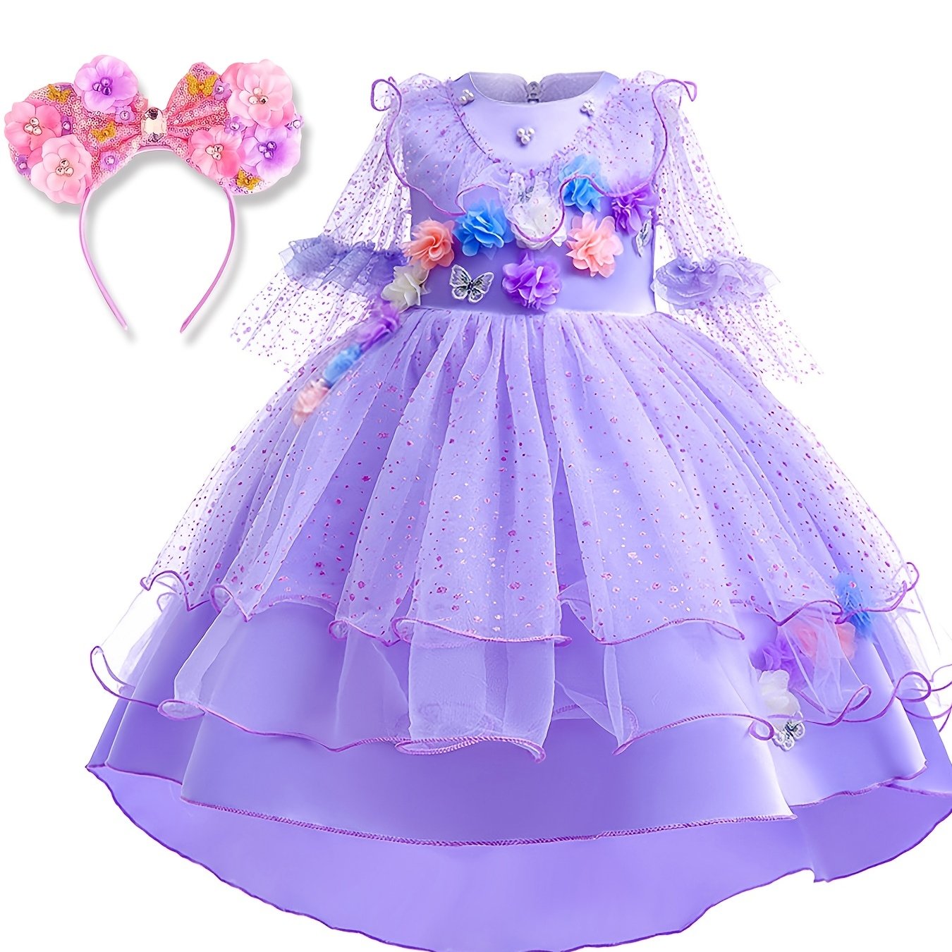 2pcs Girls Purple Flower Party Dress & Headband Set