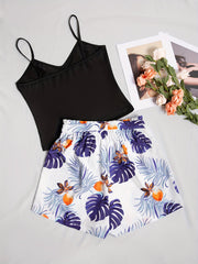 Solid Crop Cami Top & Tropical Print Shorts Set