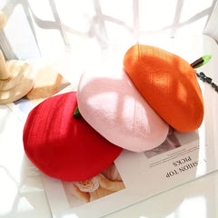 Fruit Leaf Berets Knitted Hollow Crochet Octagonal Hat for Women