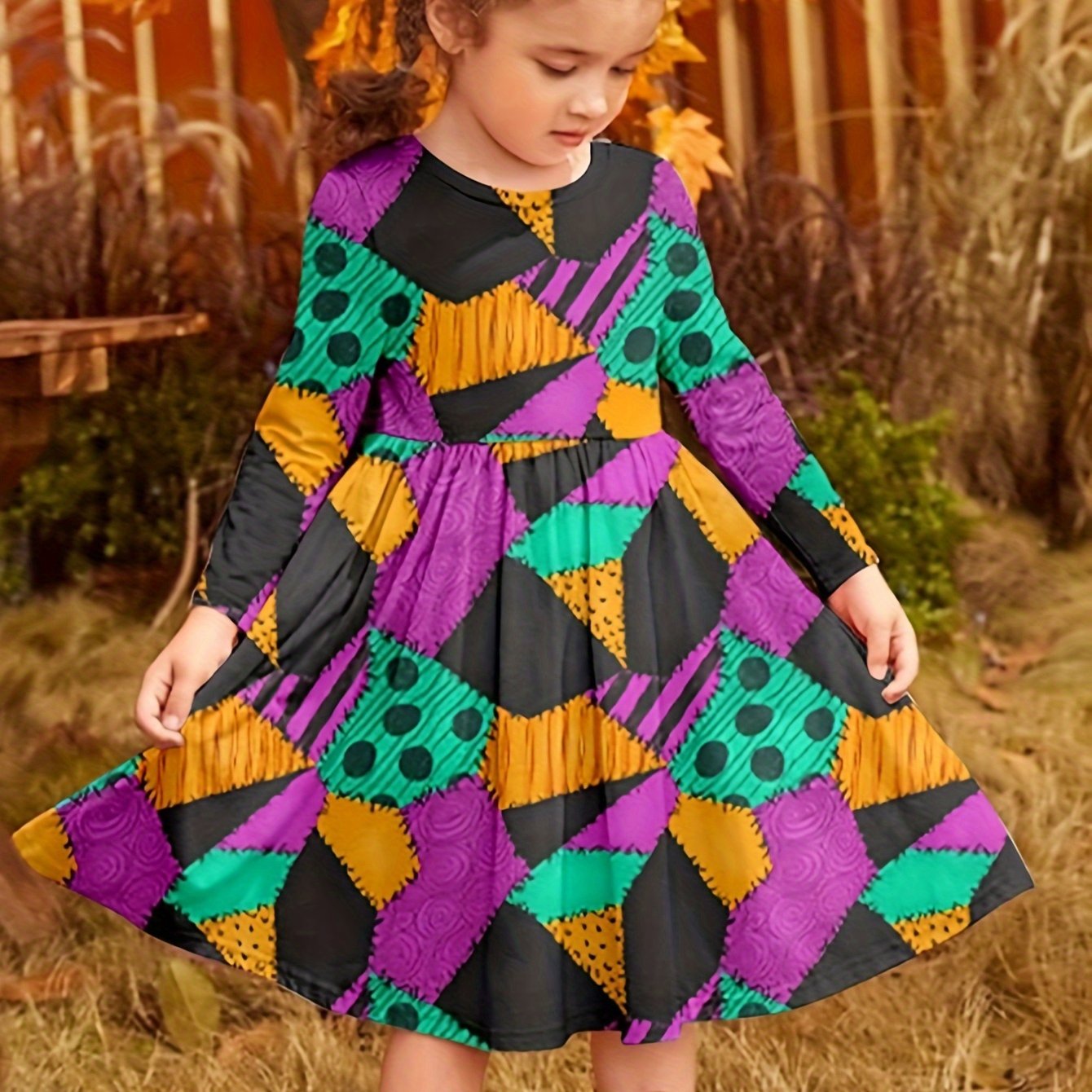 Girls Creative Pattern Long Sleeve Dress Spring Fall
