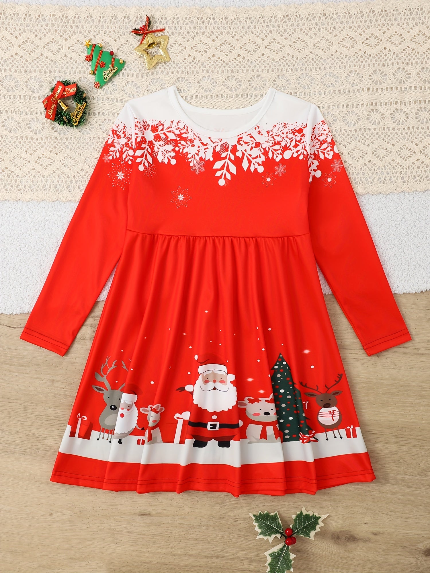 Girls Sweet Santa & Christmas Tree Long Sleeve Dress