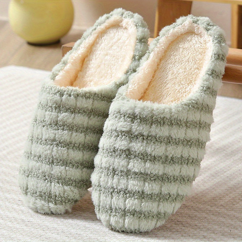 Women's Plush Striped Slippers Soft Sole Fuzzy Home Slides