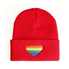 Rainbow Heart Embroidered Beanie