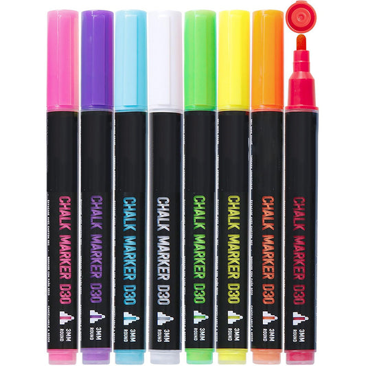 8 Liquid Chalk Pens 3mm Fine Tip Vibrant Colors for Glass Mirrors Whiteboards