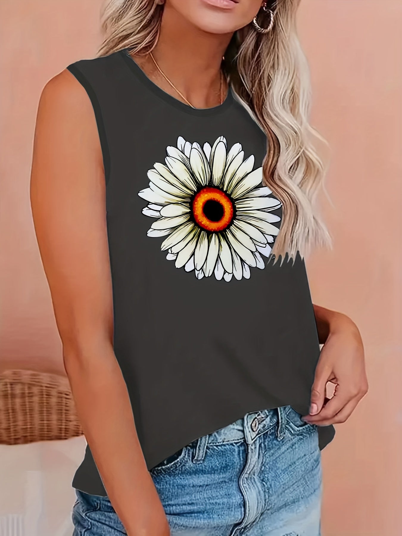 Butterfly & Sunflower Print Round Neck Tank Top