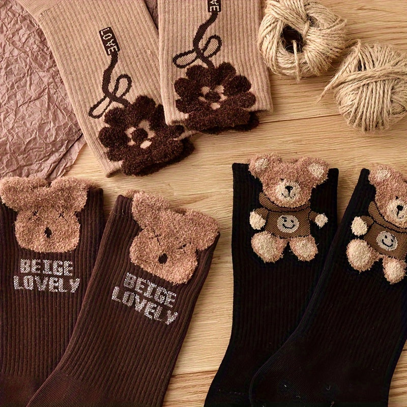 3 Pairs Bear Print Socks Cute & Comfy Women's Stockings
