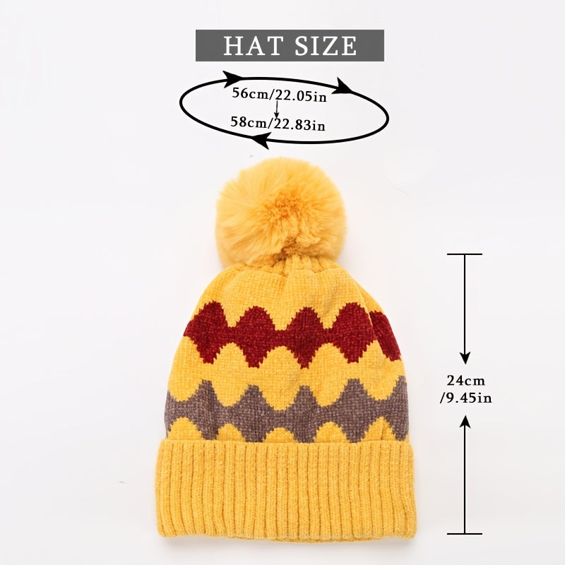 Wave Pom Beanie Women's Winter Soft Knit Beanie Hat With Pom Pom