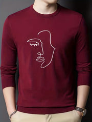 Abstract Face Painting Print Knitted Sweater Men's Warm Crew Neck Pullover