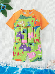 Baby Boys Cartoon Graphic Print Short Sleeve Swimsuit With Adjustable Buoyancy