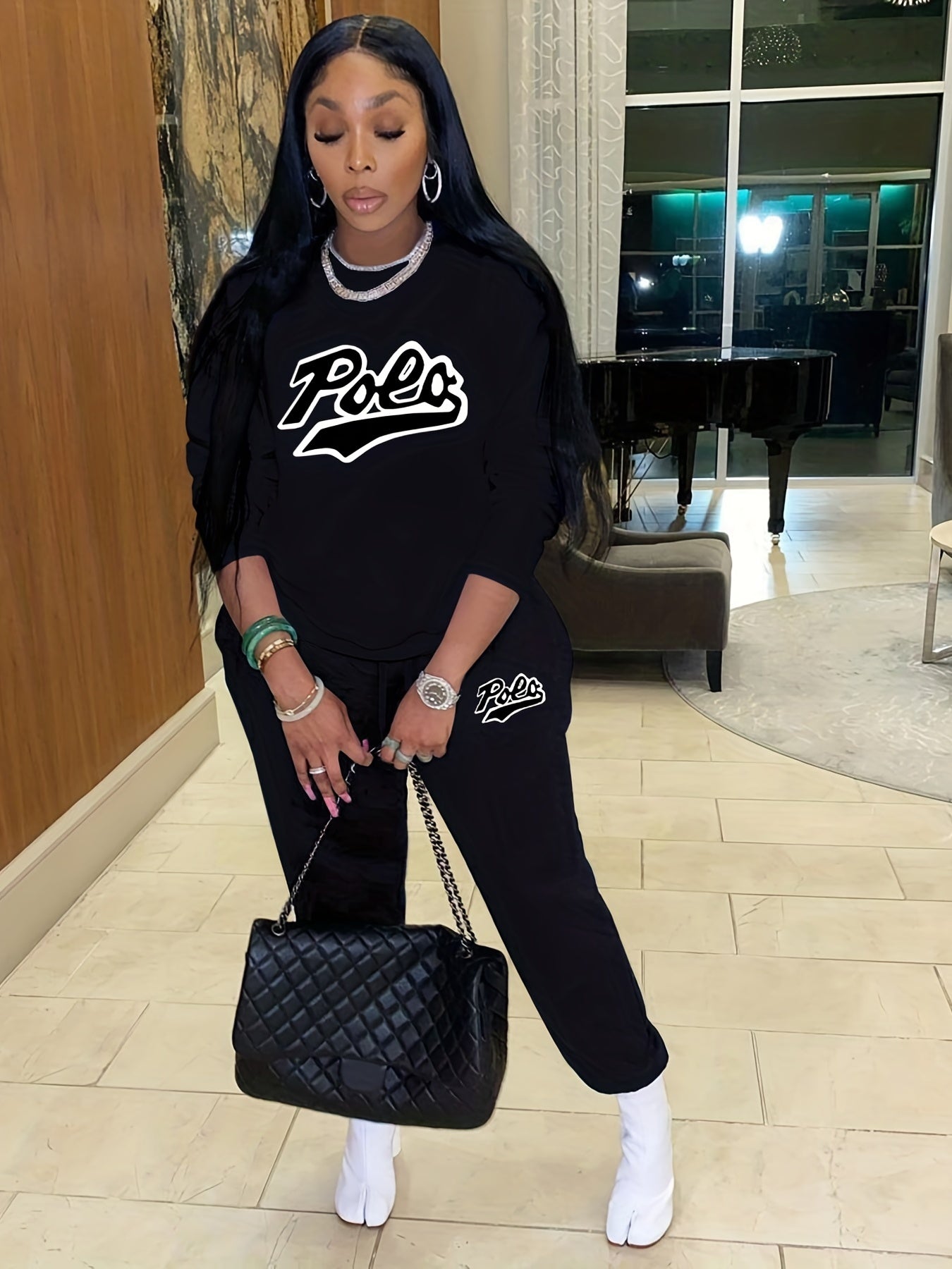 Casual Letter Print Two-piece Set Crew Neck Long Sleeve Tops & Jogger Pants