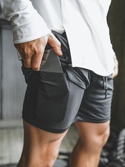 Men's Double Layer Shorts Inner Pocket Stretch Sports Gym Workout Training