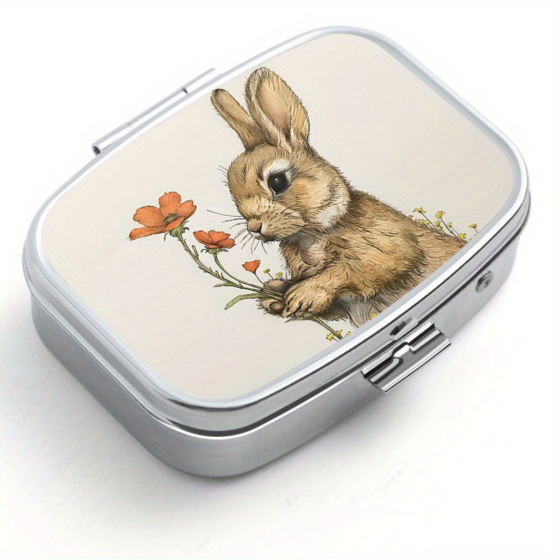 Floral Bunny Pill Organizer Metal Medicine Box Travel Pocket Sized