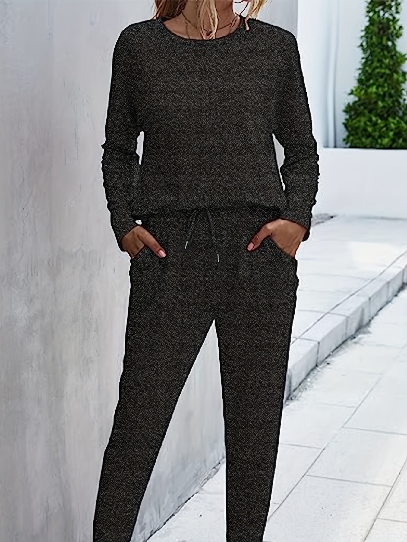 Solid Casual Two piece Set Crew Neck Long Sleeve Tops & Workout Pants