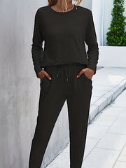 Solid Casual Two piece Set Crew Neck Long Sleeve Tops & Workout Pants