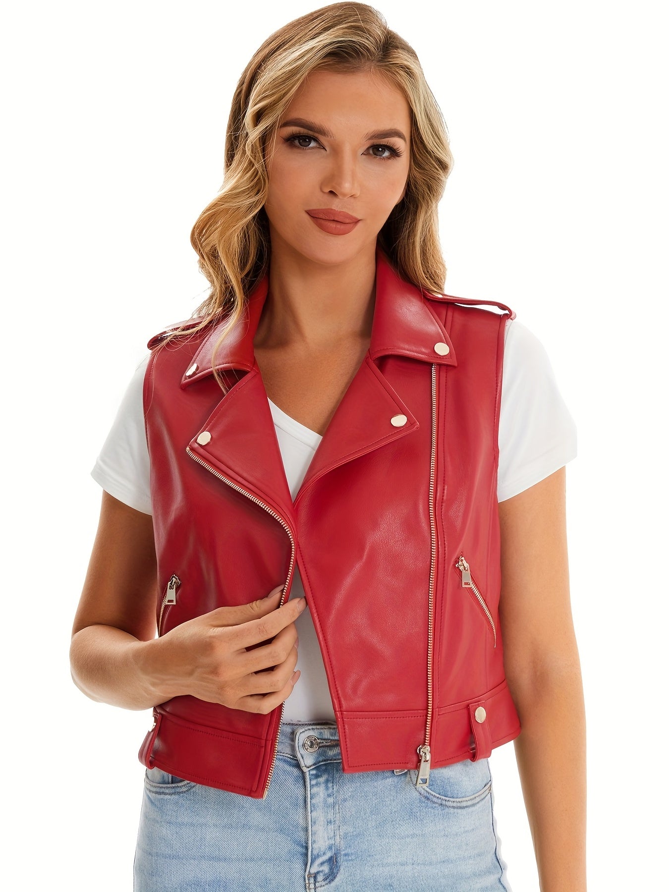 Casual Sleeveless Leather Zipper Vest Women's Clothing