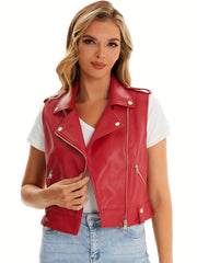 Casual Sleeveless Leather Zipper Vest Women's Clothing
