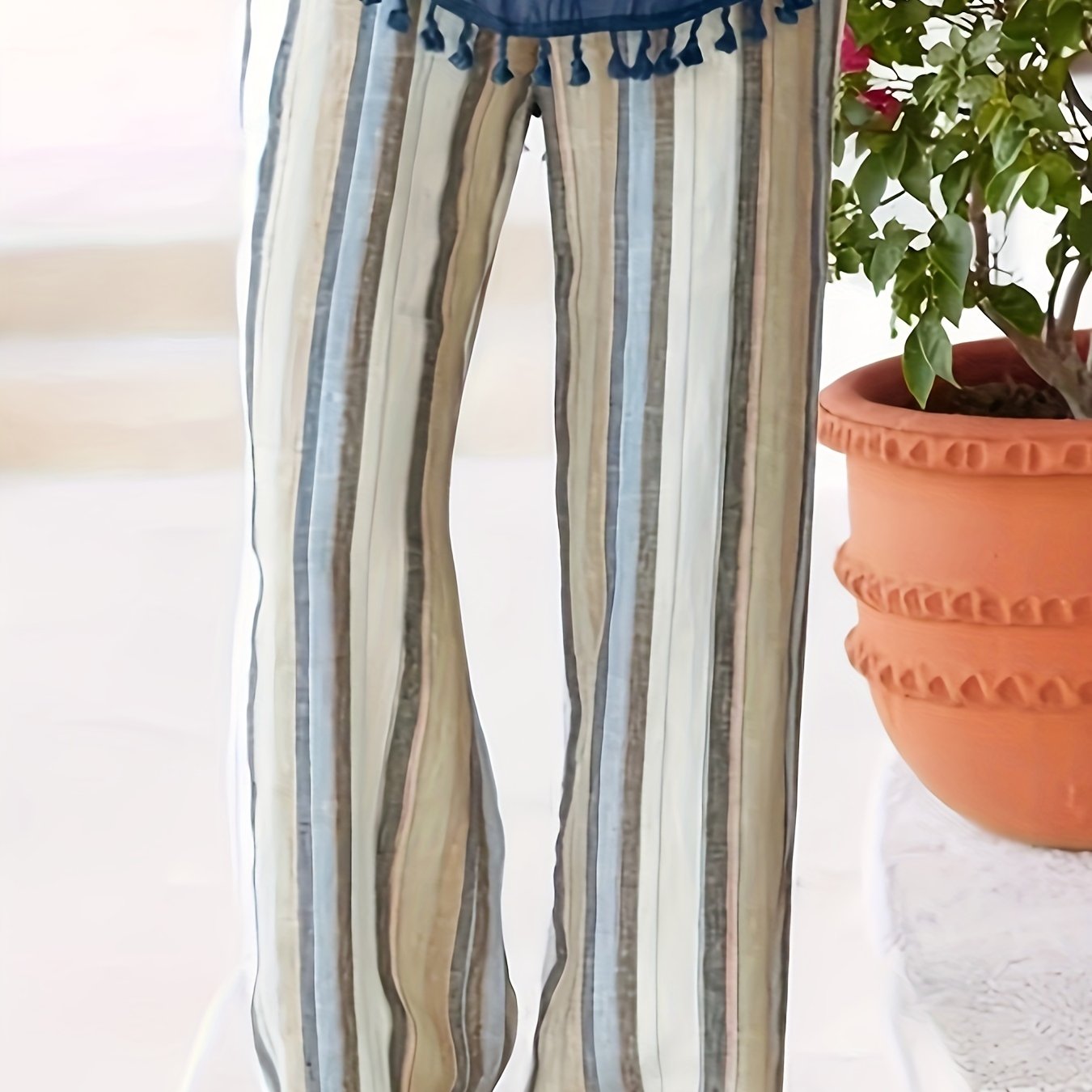 Stripe Print Elastic Waist Straight Pants for Women