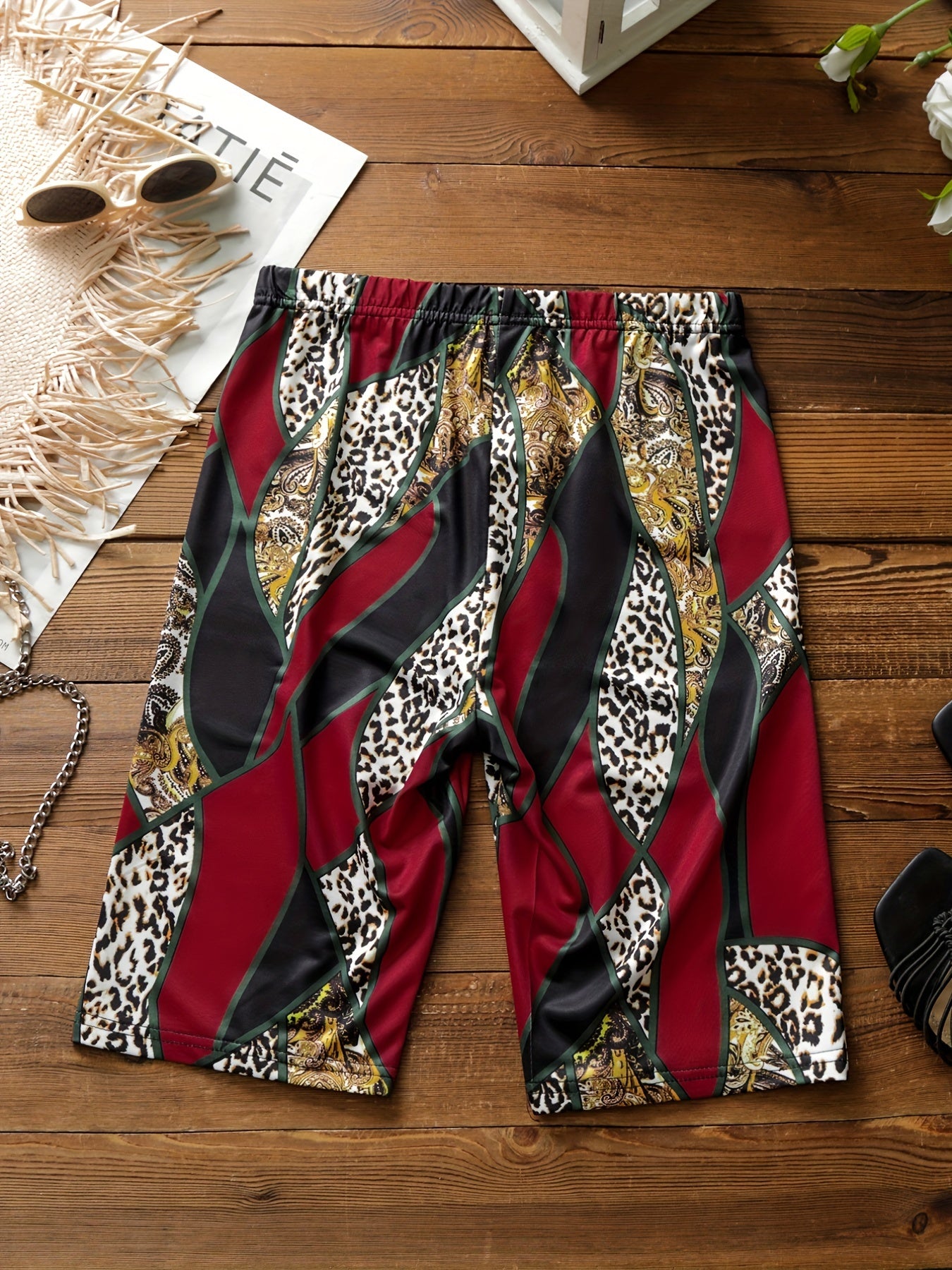 Casual Solid Top & Print Shorts Set Women's Outfit