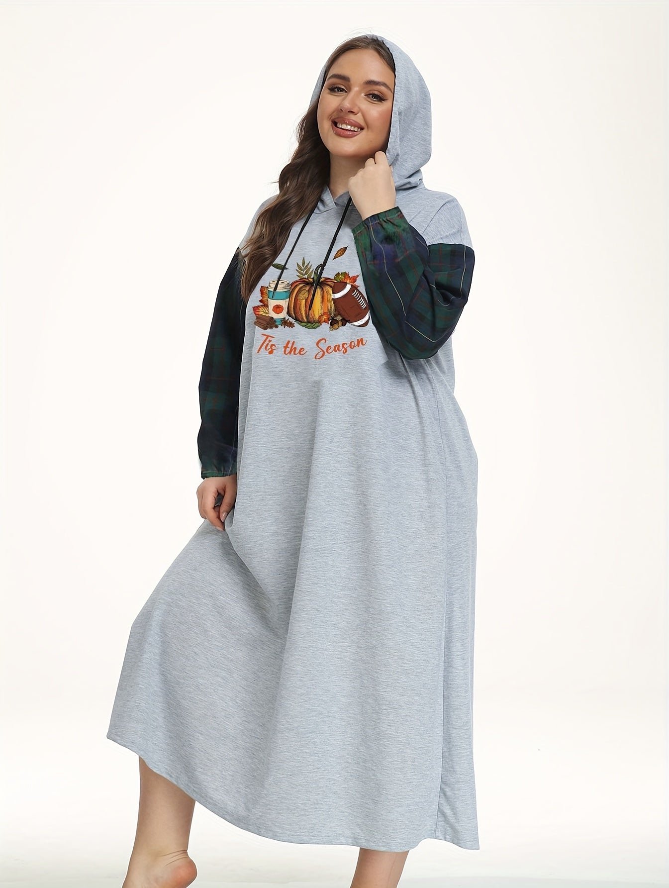 Plus Size Rugby & Pumpkin Print Plaid Hooded Sleep Dress