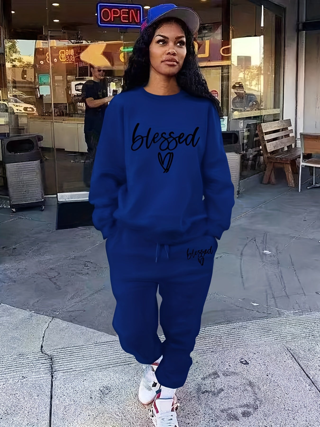 Blessed Letter Print Casual Two piece Set Long Sleeve Tops & Drawstring