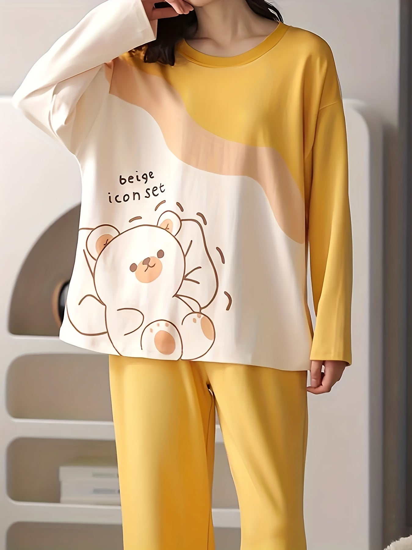 Bear Print Pajama Set Long Sleeve Top & Pants Women's Sleepwear