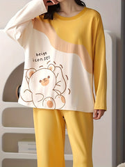 Bear Print Pajama Set Long Sleeve Top & Pants Women's Sleepwear