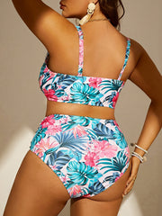 Tropical Print Bikini Set with Ruffle Trim V Neck Cami Top & Underwear