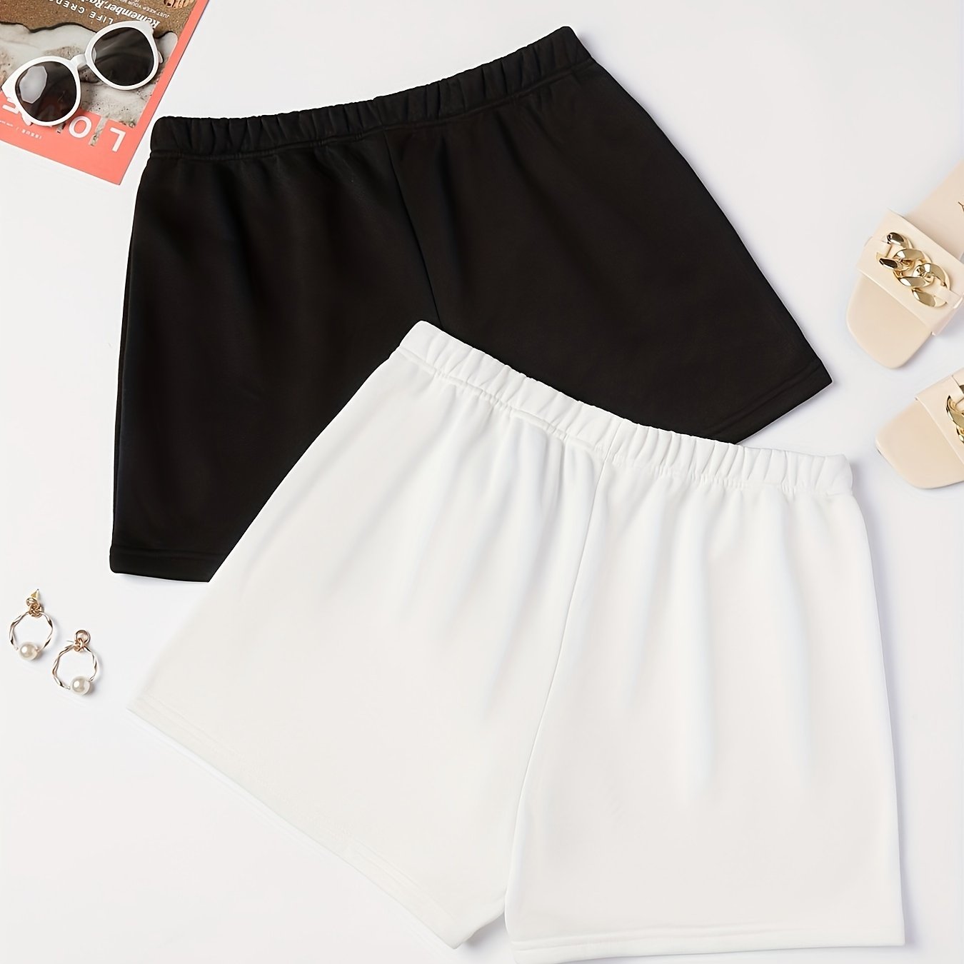 2 Pack Plus Size Basic Shorts Set Women's Elastic Stretch Two Piece Set