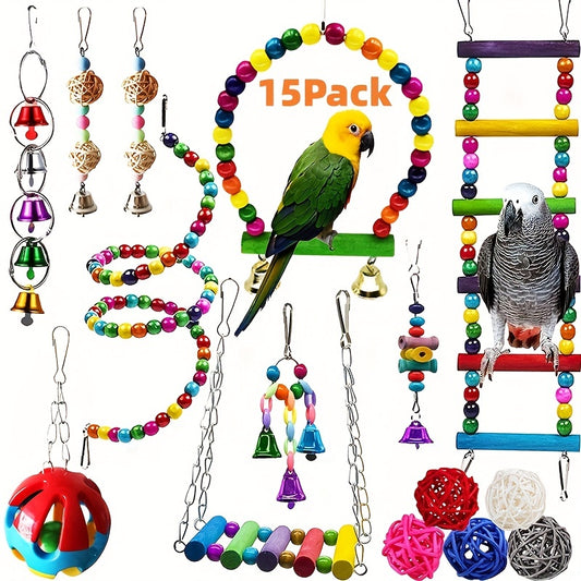 15pcs Bird Chewing Hanging Toys Multicolored Swing Perch Stand Parrot