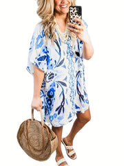 Floral Print Tassel Trim Batwing Sleeve Cover Up Kaftan