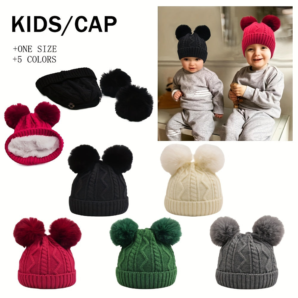 Kids Detachable Double Fur Ball Beanie Knitted Hat