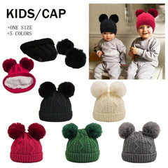 Kids Detachable Double Fur Ball Beanie Knitted Hat