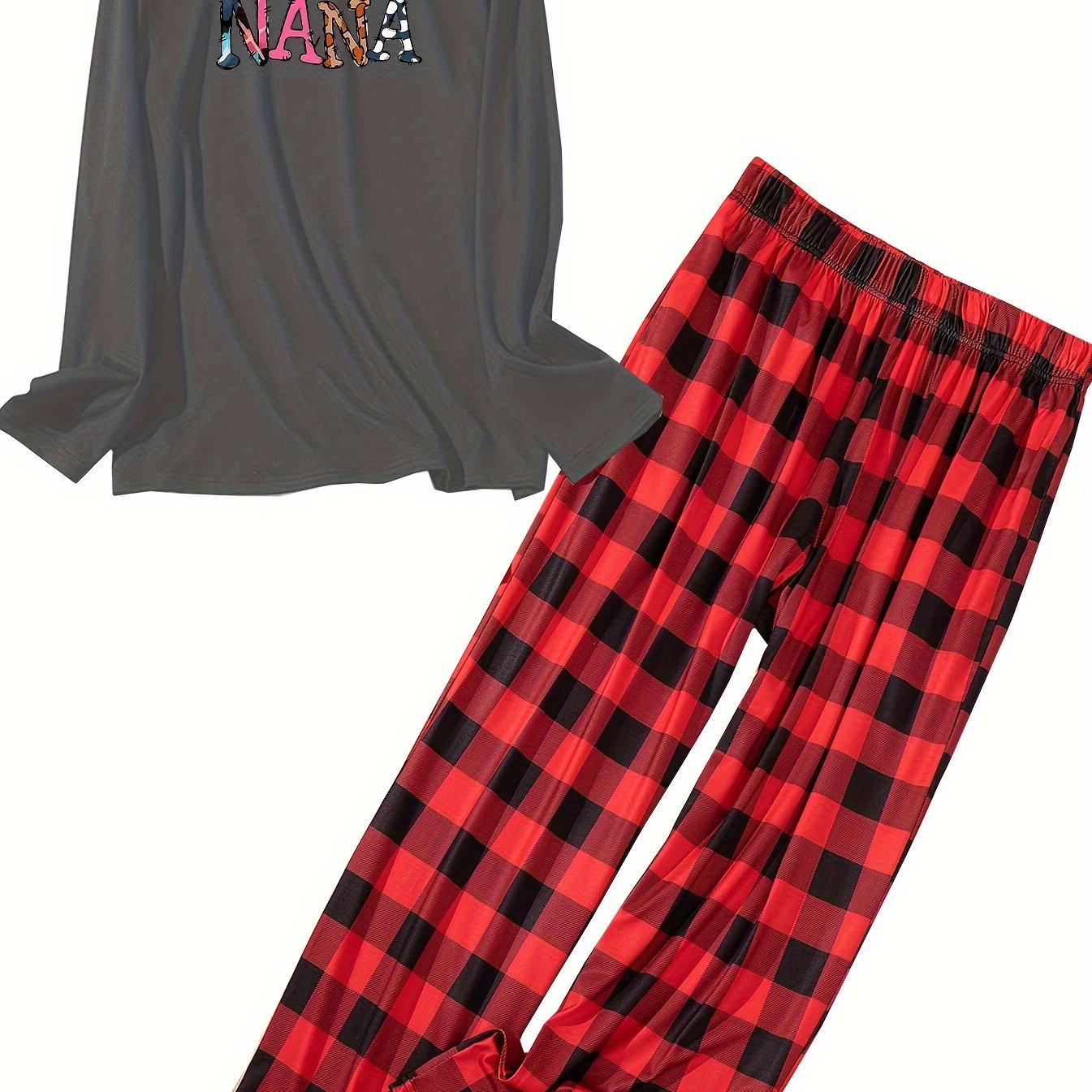Plus Size Lounge Set Women's Slogan Print Tee & Plaid Pants Pajamas