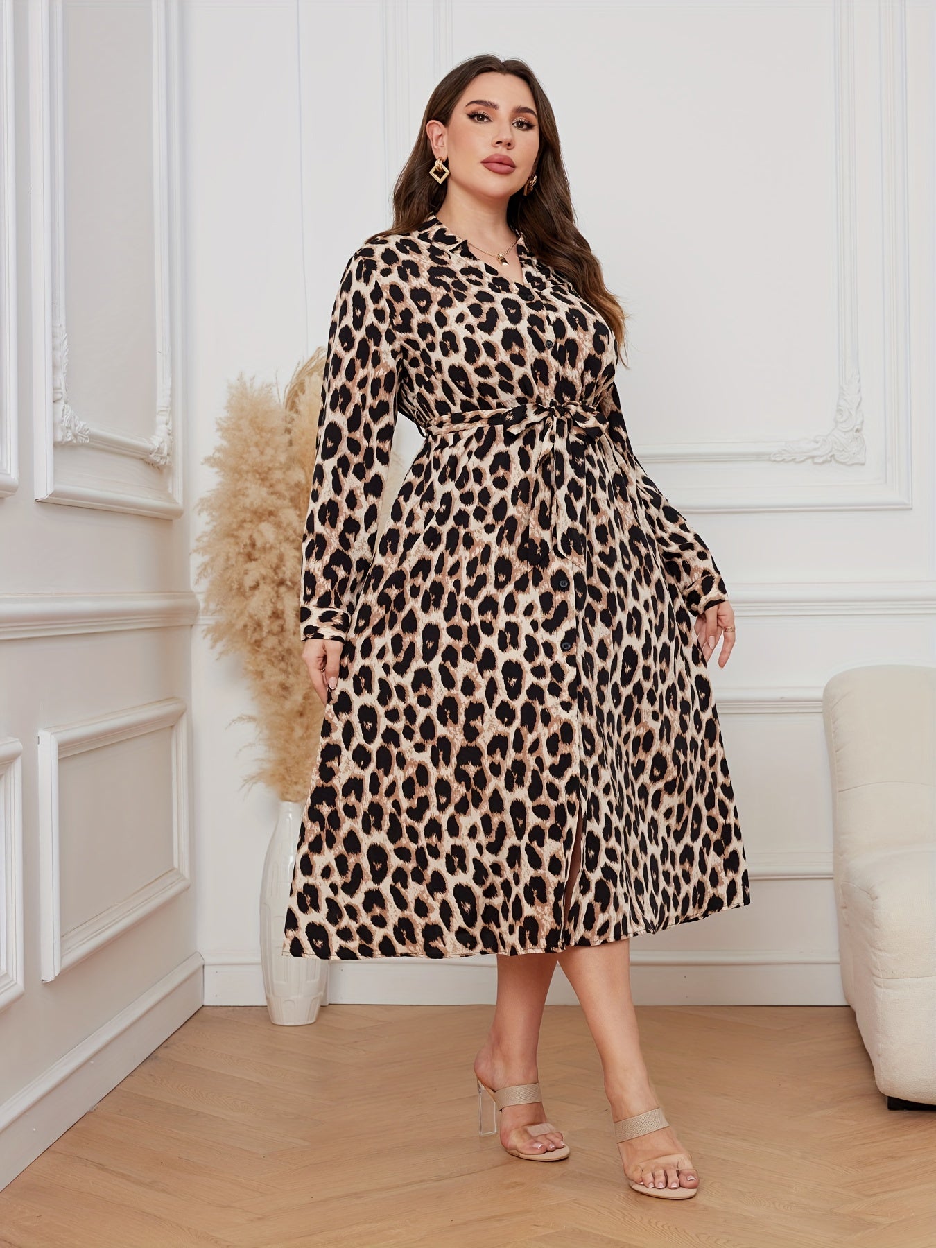 Leopard Print V Neck Midi Dress With Belt
