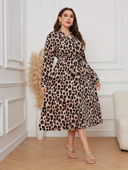 Leopard Print V Neck Midi Dress With Belt