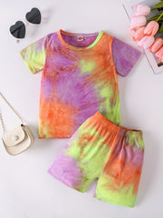 2pcs Girls Tie Dye T Shirts & Shorts Set Kids Summer Clothes