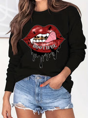 Lip Print Sweatshirt Casual Long Sleeve Crew Neck Women's Clothing