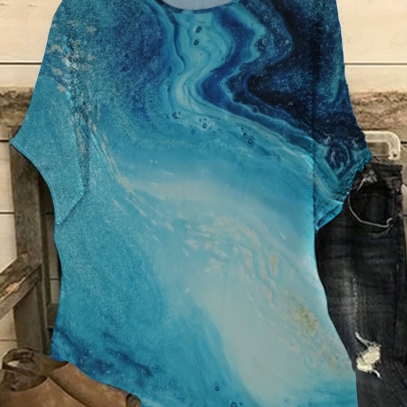 Marble Print Drop Shoulder Short Sleeve Top