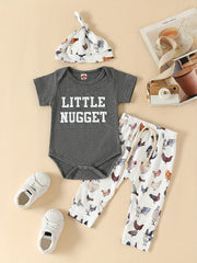 Nugget Print Short Sleeve Onesie & Hen Graphic Pants & Hat Baby's Set
